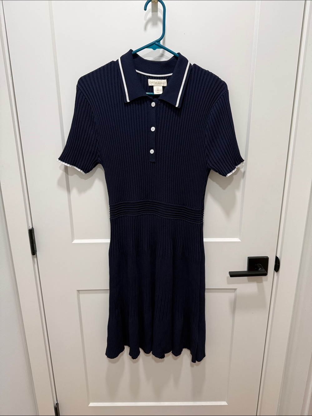 Cynthia Rowley Navy Ribbed Knit Polo Dress with White Trim